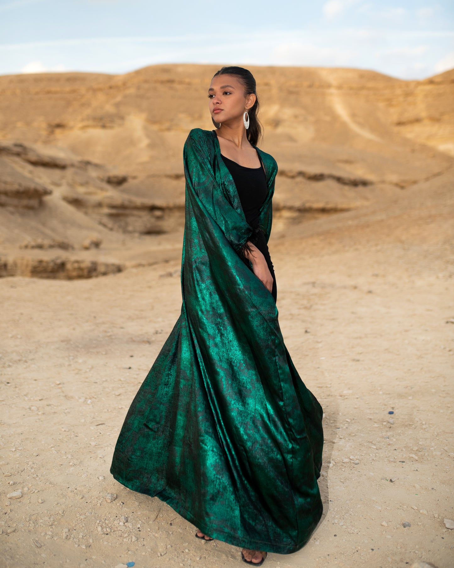 LAYALI SHIMMER ABAYA IN GREEN TIE DYE