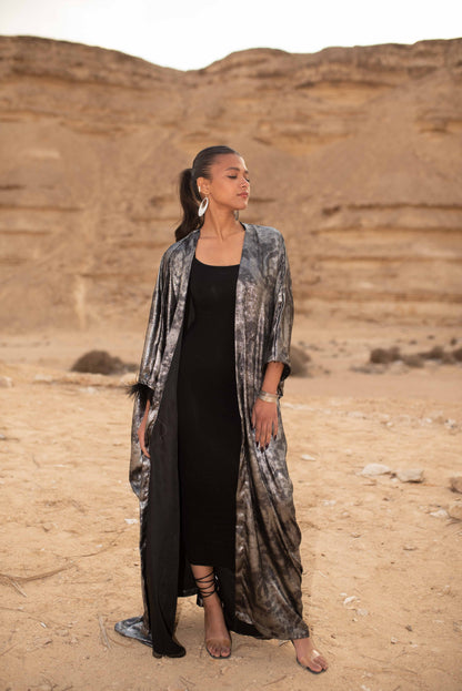 LAYALI SHIMMER ABAYA IN SILVER TIE DYE