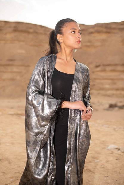 LAYALI SHIMMER ABAYA IN SILVER TIE DYE